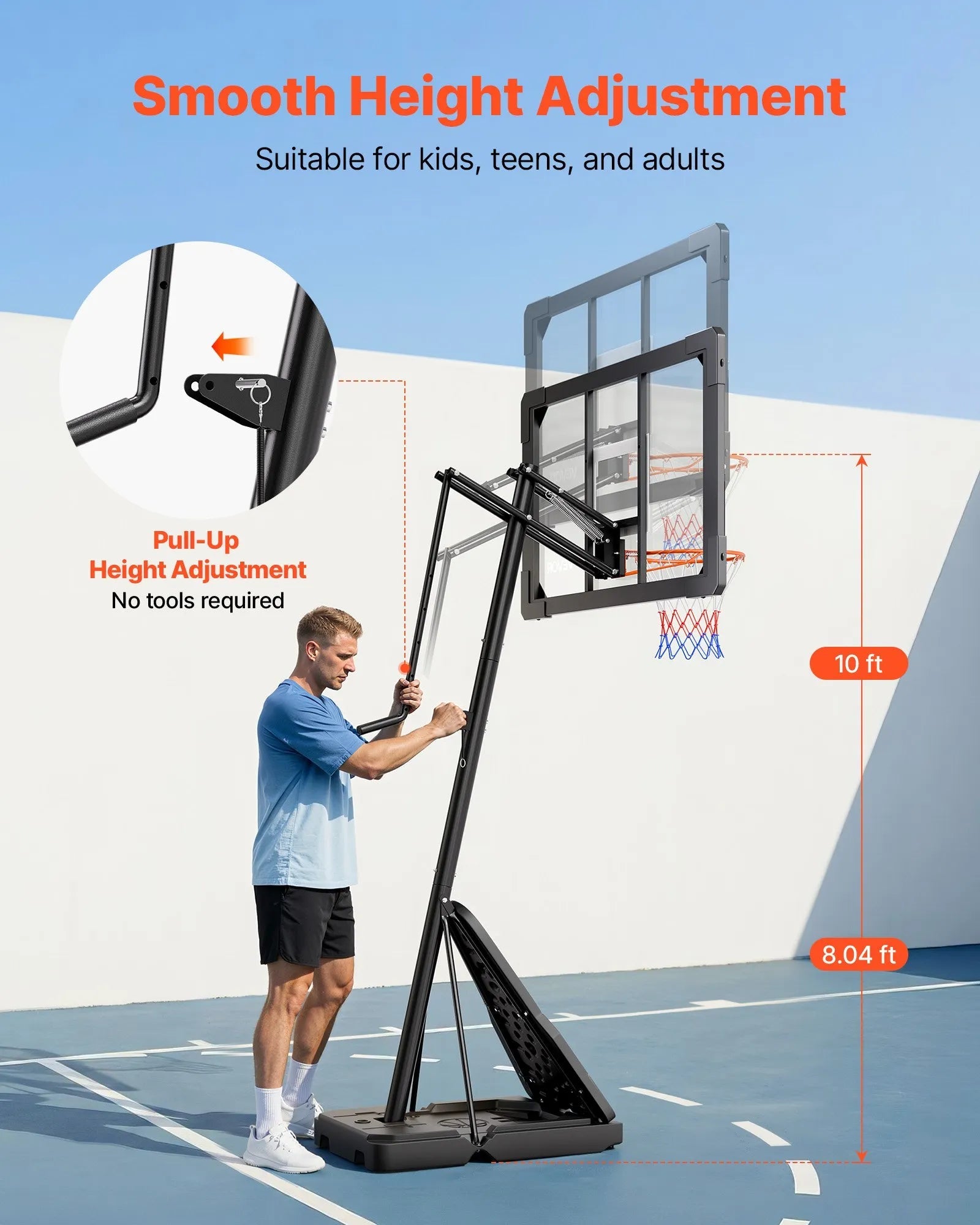 VEVOR Portable Basketball Stand, 8.04 to 10 ft Height Adjustment Basketball Hoop & Goal, Basketballs Hoop Outdoor with 44 inch PC Backboard for Kids, Adults in Schools, Parks, Indoor & Outdoor Use 