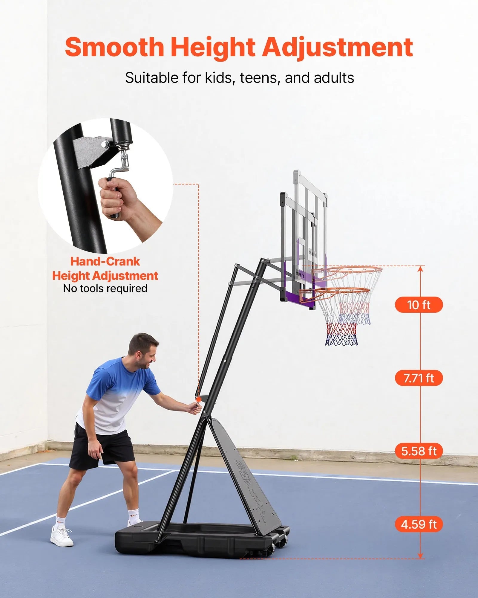 VEVOR Portable Basketball Stand, 10 ft Height Adjustment Basketball Hoop & Goal, Basketballs Hoop Outdoor with 48 inch PC Backboard for Kids, Adults in Schools, Parks, Indoor & Outdoor Use 