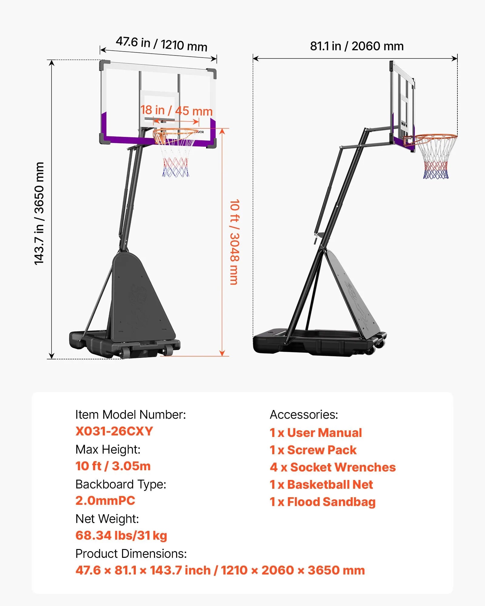 VEVOR Portable Basketball Stand, 10 ft Height Adjustment Basketball Hoop & Goal, Basketballs Hoop Outdoor with 48 inch PC Backboard for Kids, Adults in Schools, Parks, Indoor & Outdoor Use 