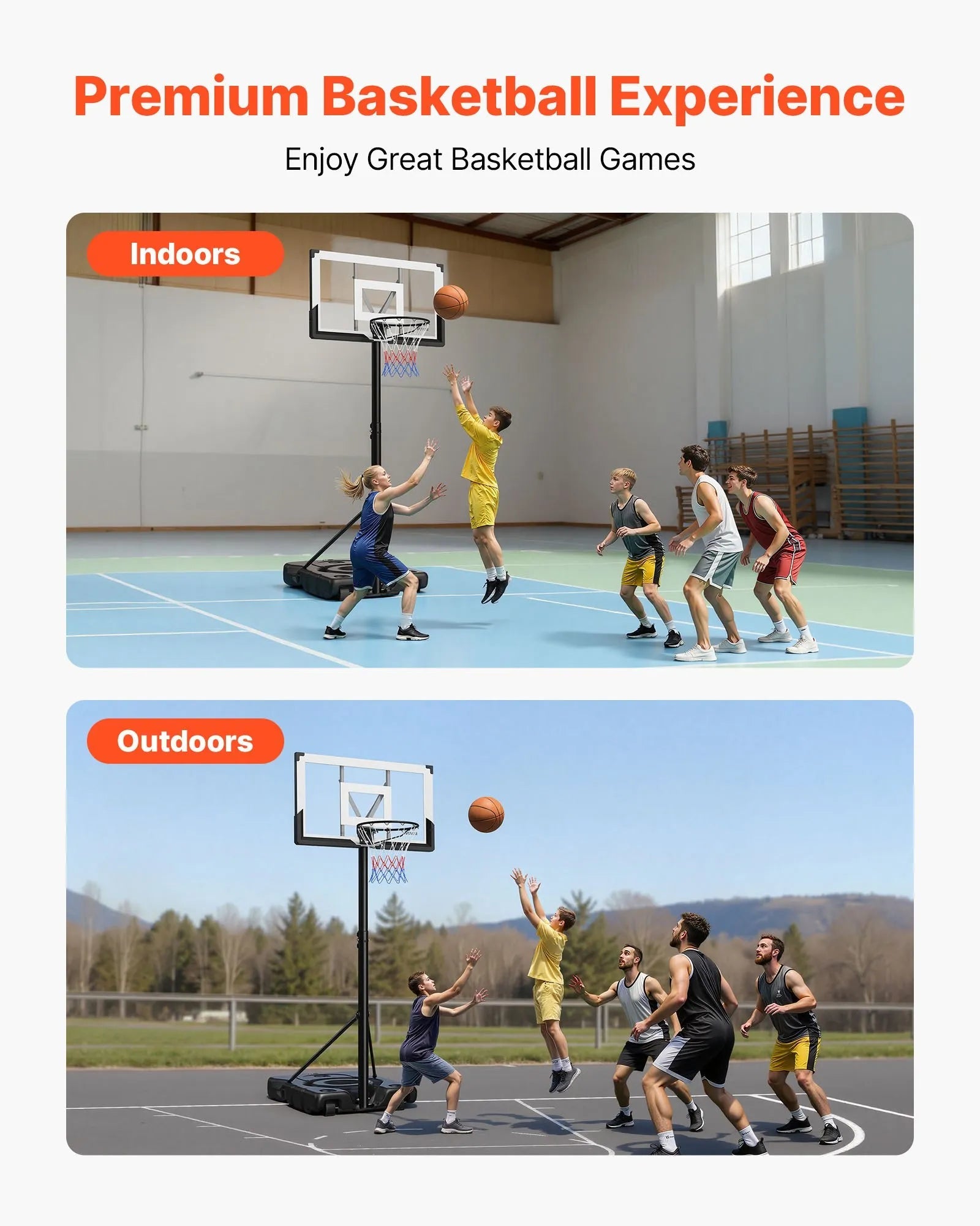 VEVOR Portable Basketball Stand, 10 ft Height Adjustment Basketball Hoop & Goal, Portable Basketballs Hoop with 48 inch PC Backboard & Wheels for Kids, Teens, Adults in Driveways, Pools, Schools 