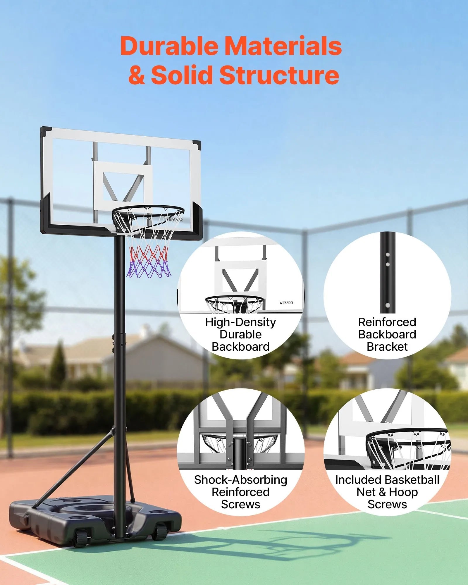 VEVOR Portable Basketball Stand, 10 ft Height Adjustment Basketball Hoop & Goal, Portable Basketballs Hoop with 48 inch PC Backboard & Wheels for Kids, Teens, Adults in Driveways, Pools, Schools 