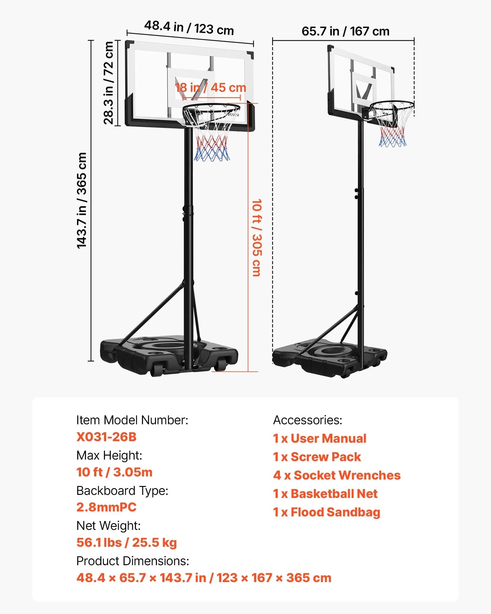 VEVOR Portable Basketball Stand, 10 ft Height Adjustment Basketball Hoop & Goal, Portable Basketballs Hoop with 48 inch PC Backboard & Wheels for Kids, Teens, Adults in Driveways, Pools, Schools 