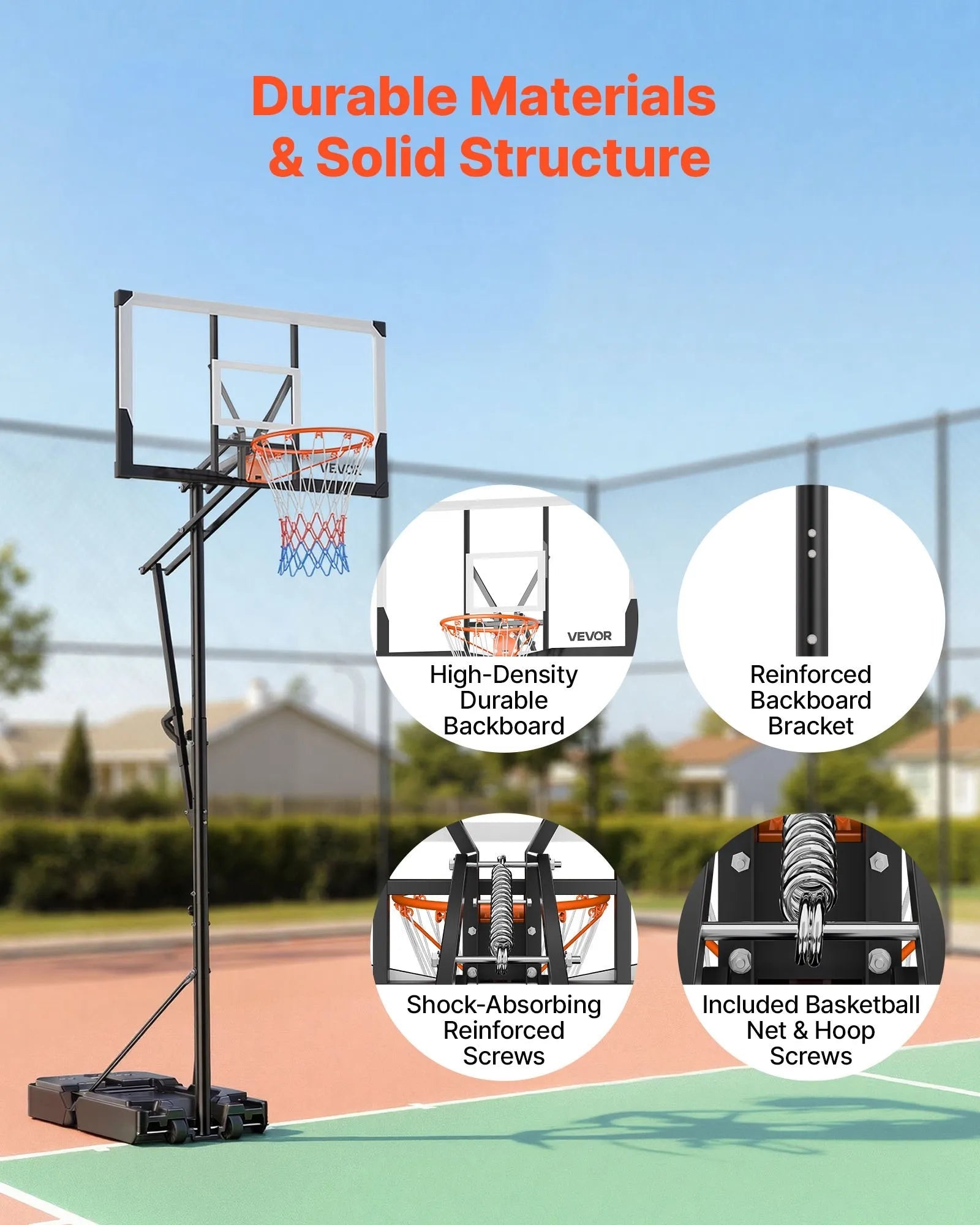 VEVOR Portable Basketball Stand, 5.25 to 10 ft Height Adjustment Basketball Hoop & Goal, Portable Basketballs Hoop with 48 inch PC Backboard & Wheels for Kids, Teens, Adults in Driveways, Pools 
