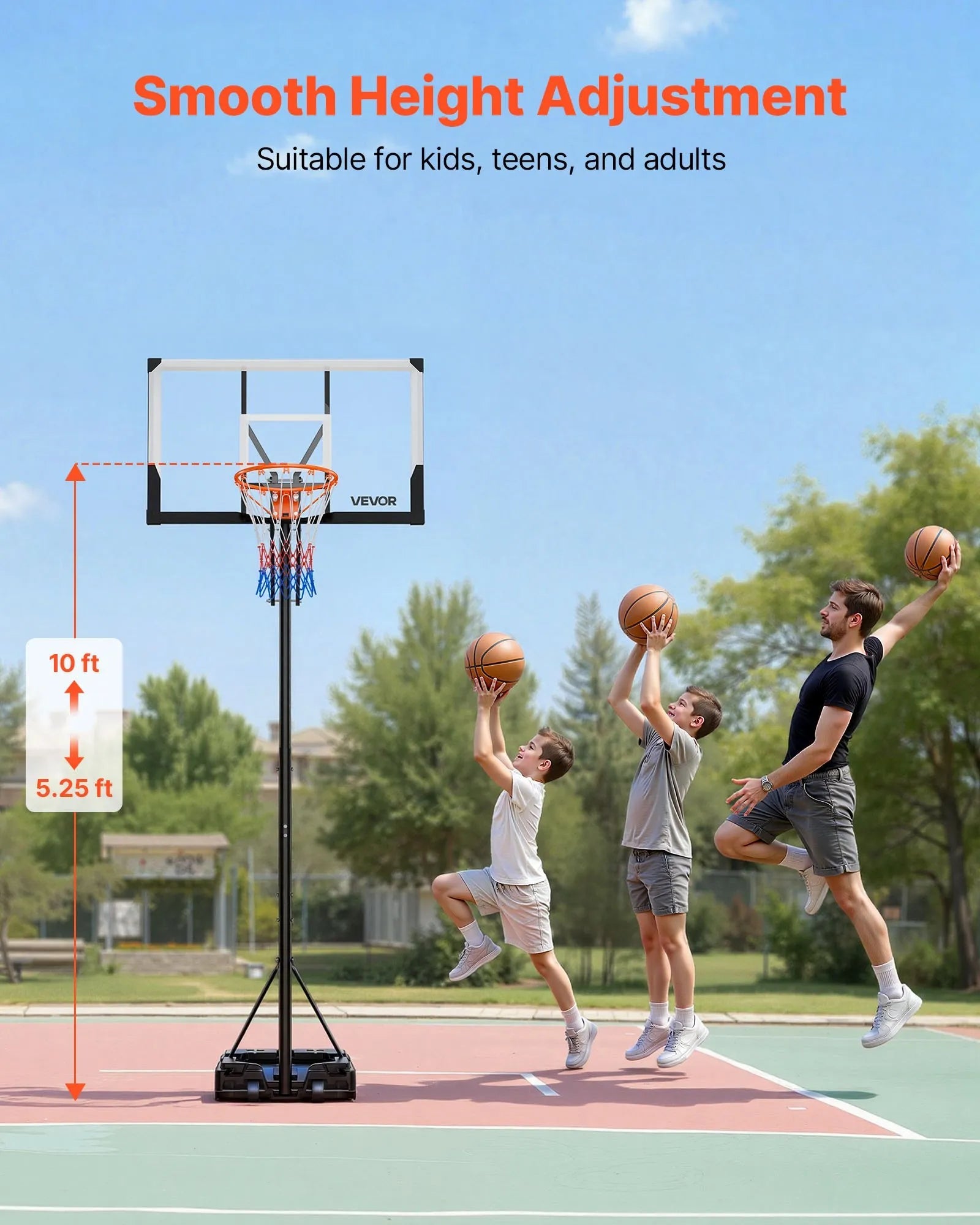 VEVOR Portable Basketball Stand, 5.25 to 10 ft Height Adjustment Basketball Hoop & Goal, Portable Basketballs Hoop with 48 inch PC Backboard & Wheels for Kids, Teens, Adults in Driveways, Pools 