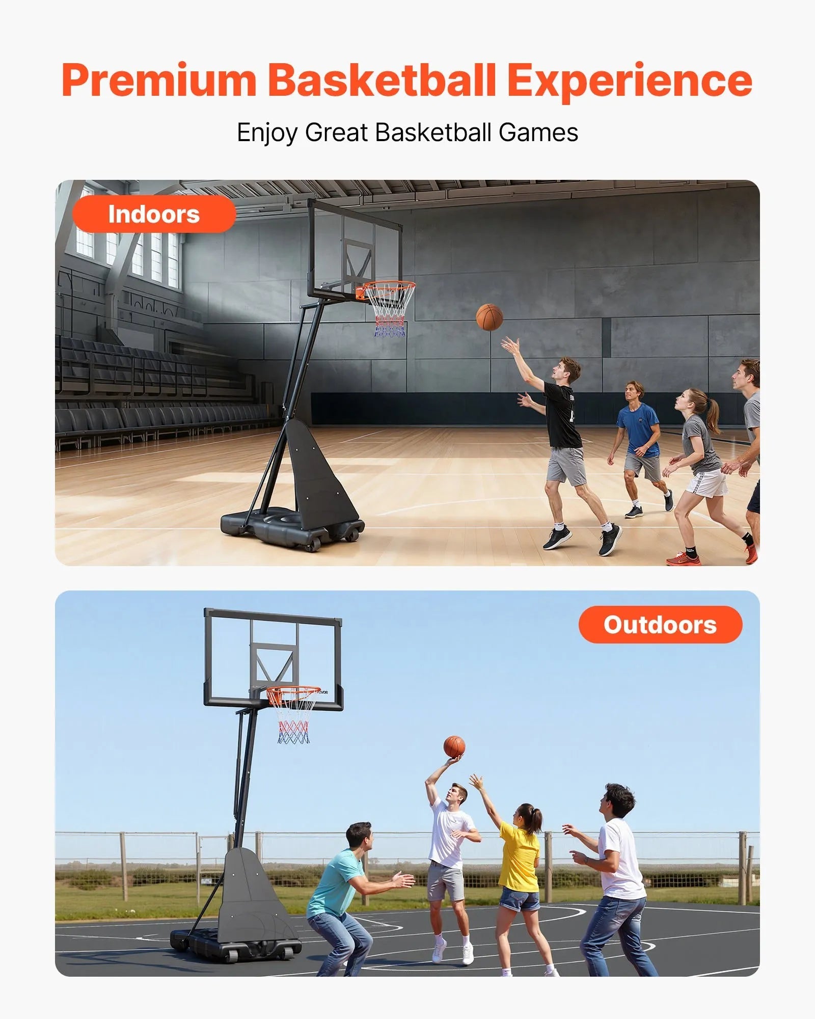 VEVOR Portable Basketball Stand, 10 ft Height Adjustment Basketball Hoop & Goal, Basketballs Hoop Outdoor with 50 inch PC Backboard for Kids, Adults in Schools, Parks, Indoor & Outdoor Use 