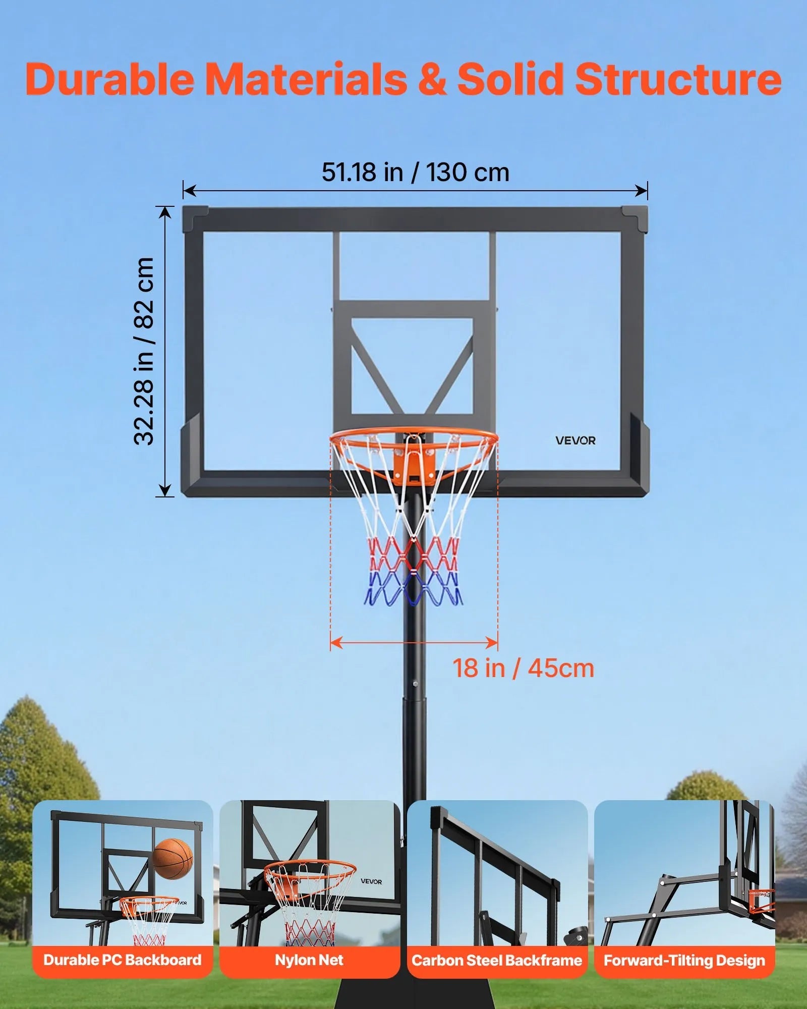 VEVOR Portable Basketball Stand, 10 ft Height Adjustment Basketball Hoop & Goal, Basketballs Hoop Outdoor with 50 inch PC Backboard for Kids, Adults in Schools, Parks, Indoor & Outdoor Use 