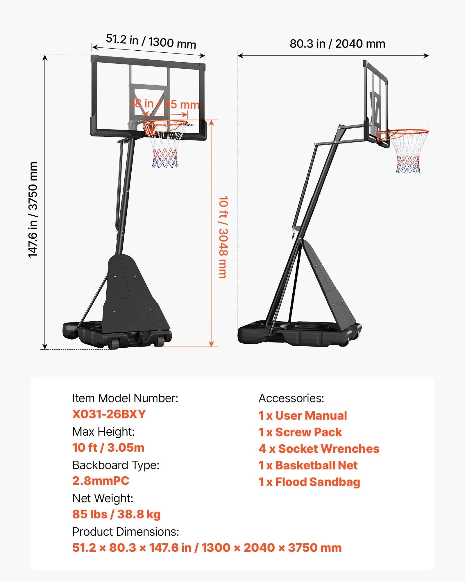 VEVOR Portable Basketball Stand, 10 ft Height Adjustment Basketball Hoop & Goal, Basketballs Hoop Outdoor with 50 inch PC Backboard for Kids, Adults in Schools, Parks, Indoor & Outdoor Use 