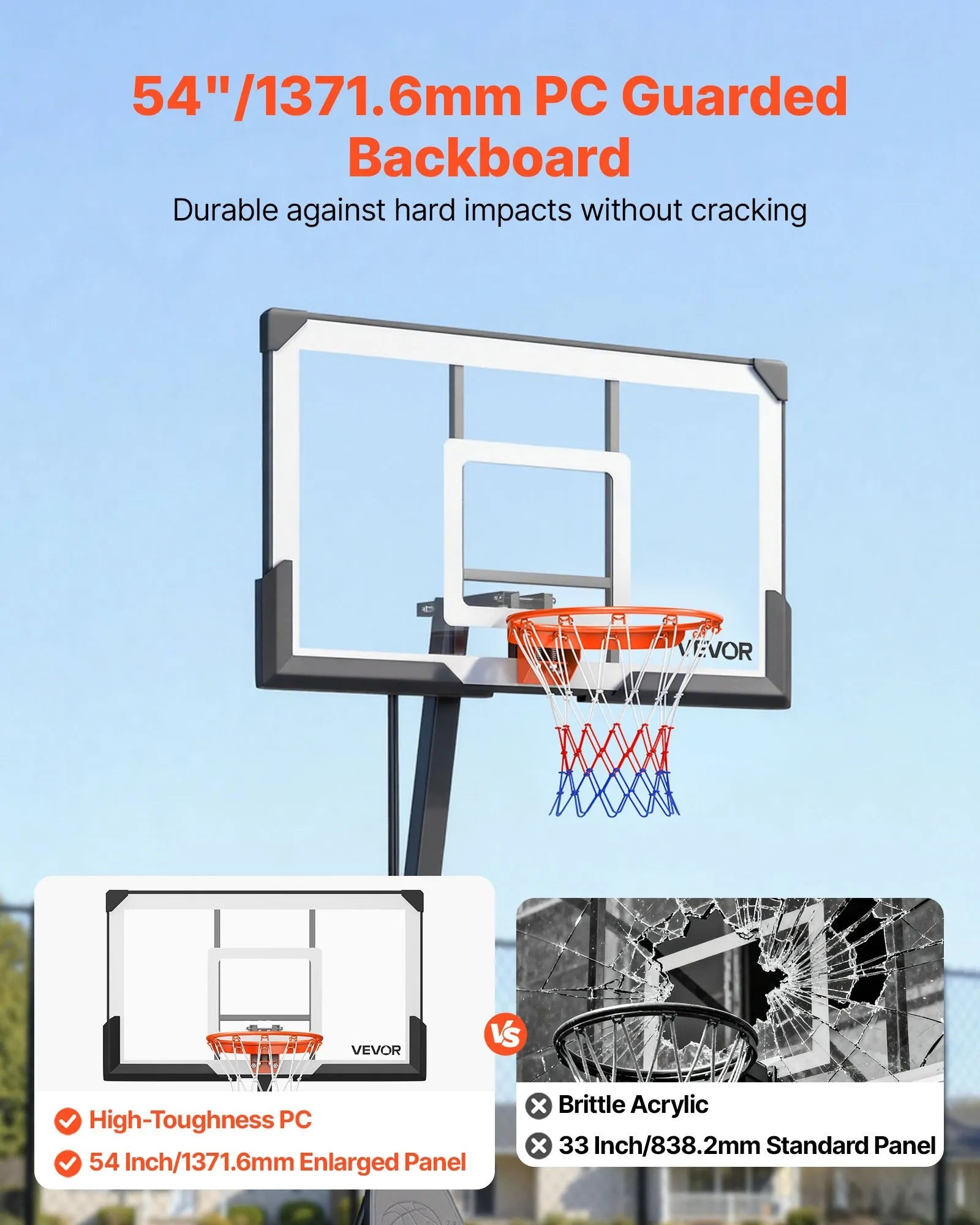 VEVOR Portable Basketball Stand, 7.55 to 10 ft Height Adjustment Basketball Hoop & Goal, Basketballs Hoop Outdoor with 54 inch PC Backboard for Kids, Adults in Schools, Parks, Forward-Tilting Design 