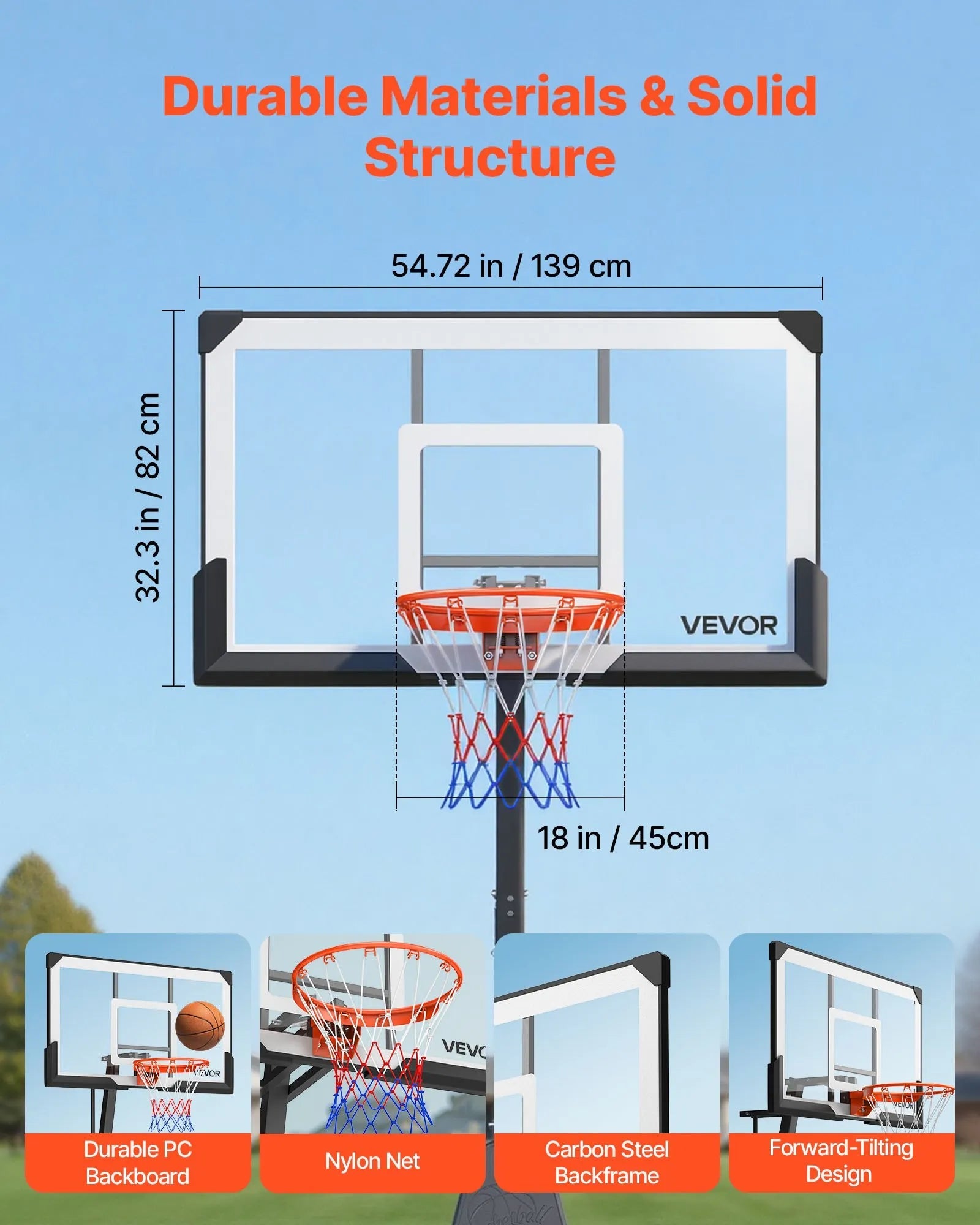 VEVOR Portable Basketball Stand, 7.55 to 10 ft Height Adjustment Basketball Hoop & Goal, Basketballs Hoop Outdoor with 54 inch PC Backboard for Kids, Adults in Schools, Parks, Forward-Tilting Design 