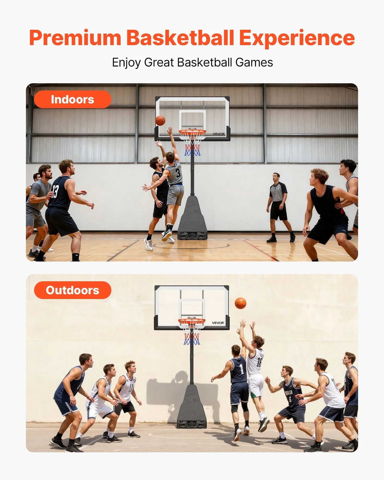 VEVOR Portable Basketball Stand, 7.55 to 10 ft Height Adjustment Basketball Hoop & Goal, Basketballs Hoop Outdoor with 54 inch PC Backboard for Kids, Adults in Schools, Parks, Forward-Tilting Design 