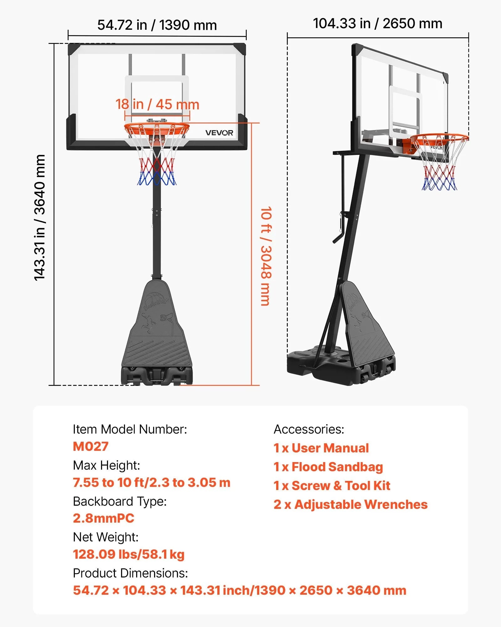 VEVOR Portable Basketball Stand, 7.55 to 10 ft Height Adjustment Basketball Hoop & Goal, Basketballs Hoop Outdoor with 54 inch PC Backboard for Kids, Adults in Schools, Parks, Forward-Tilting Design 