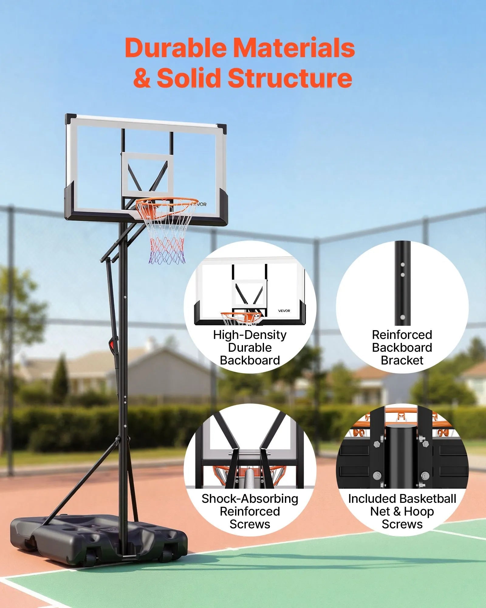 VEVOR Portable Basketball Stand, 10 ft Height Adjustment Basketball Hoop & Goal, Portable Basketballs Hoop with 54 inch PC Backboard & Wheels for Kids, Teens, Adults in Driveways, Pools, Schools 