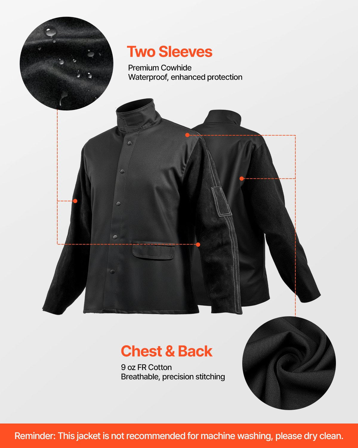 VEVOR FR Welding Jacket XXL Size Heavy Duty Cowhide Leather & 9oz FR Cotton 