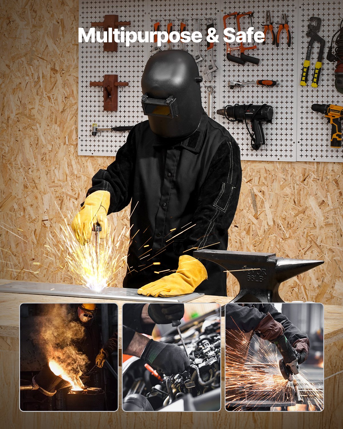 VEVOR FR Welding Jacket M Size Heavy Duty Cowhide Leather & 9oz FR Cotton 