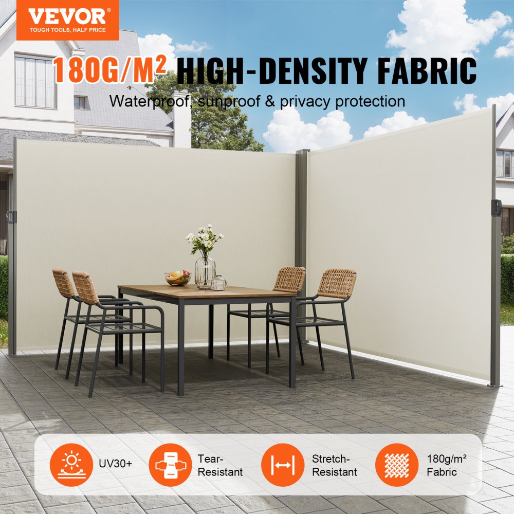 VEVOR Retractable Side Awning, 79''x 236'' Outdoor Privacy Screen, 180g Polyester Water-proof Retractable Patio Screen, UV 30+ Room Divider Wind Screen for Patio, Backyard, Balcony, Beige 