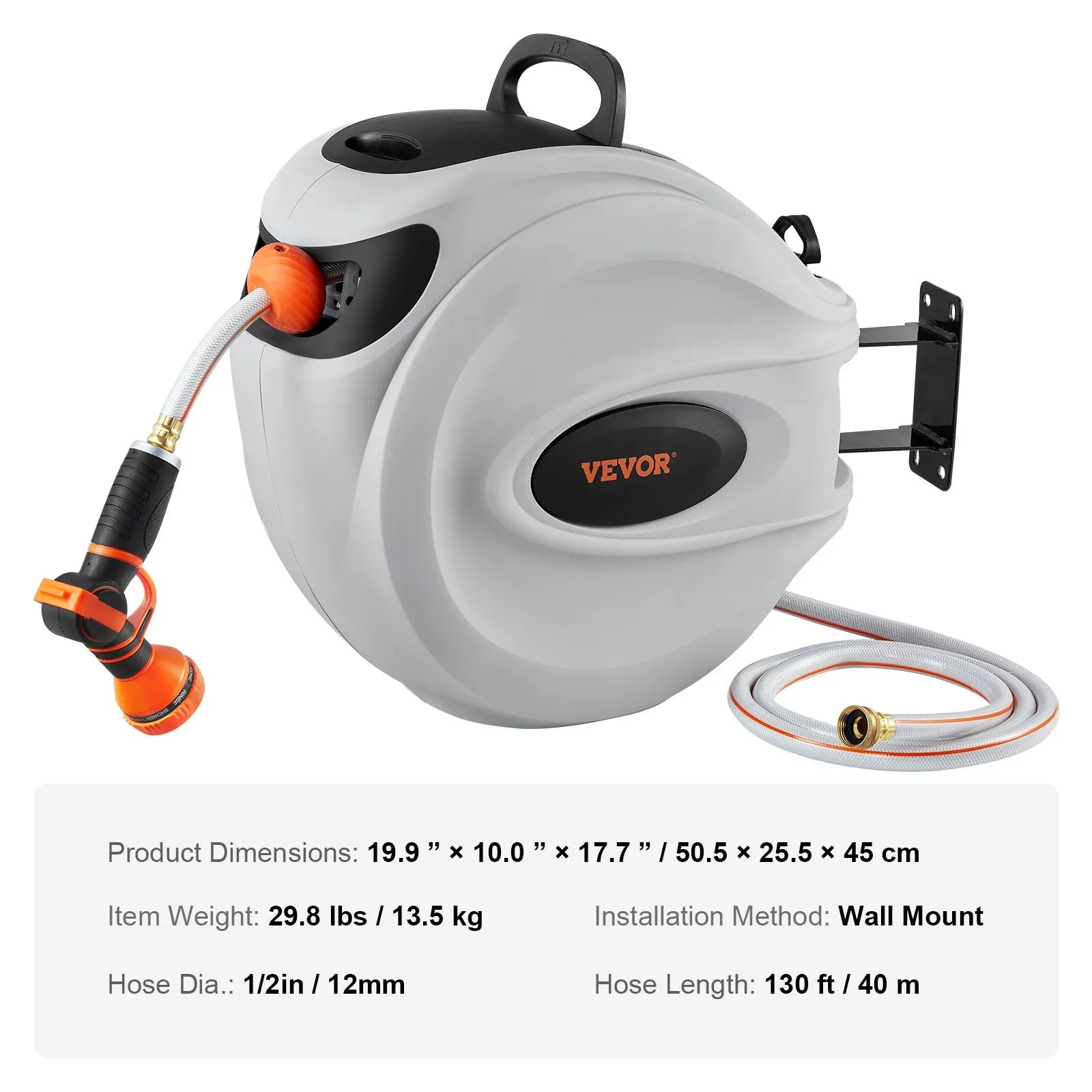 VEVOR Retractable Hose Reel Water Hose Reel 130'x1/2" 180° Swivel Wall-Mounted