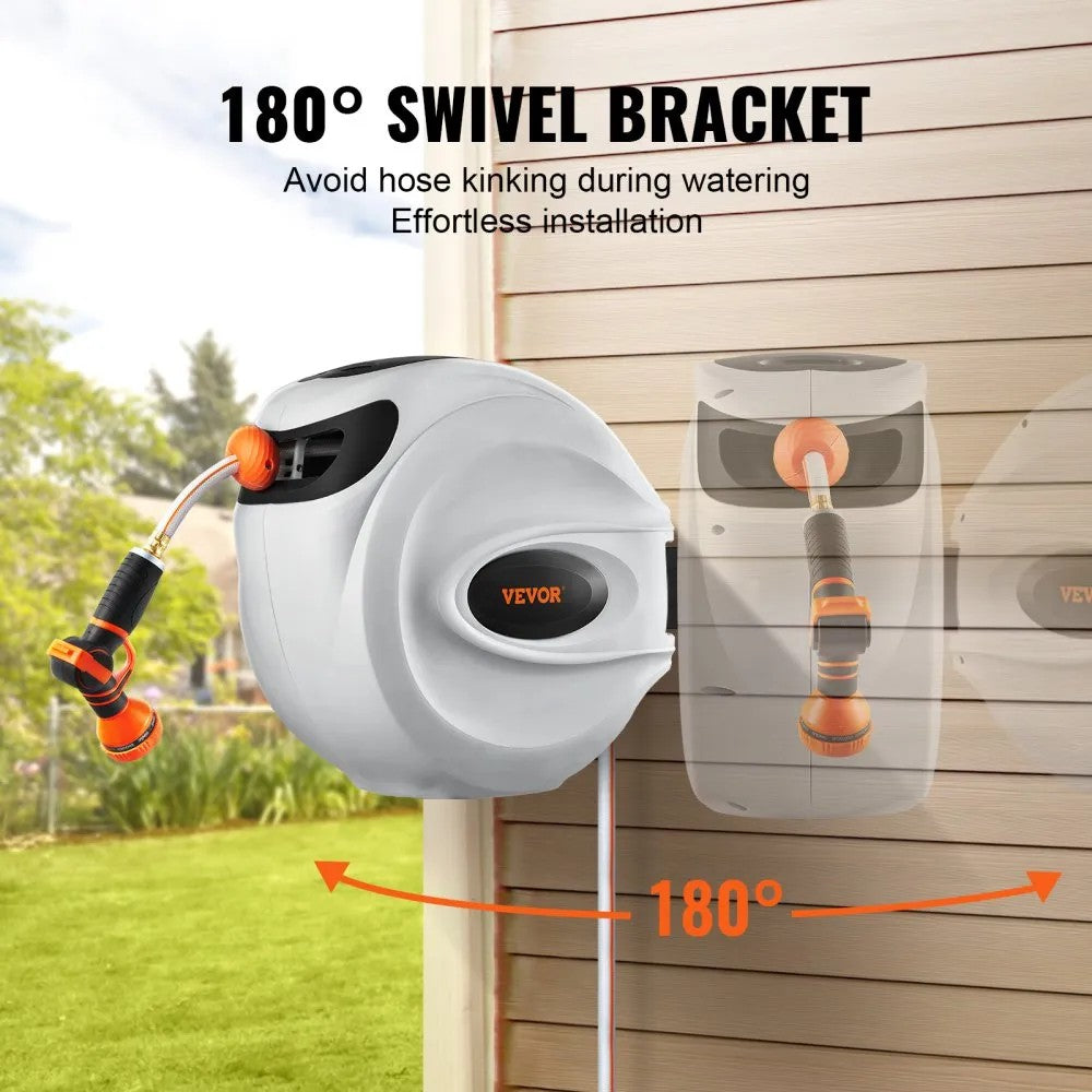 VEVOR Retractable Hose Reel Water Hose Reel 65'x5/8" 180° Swivel Wall-Mounted 