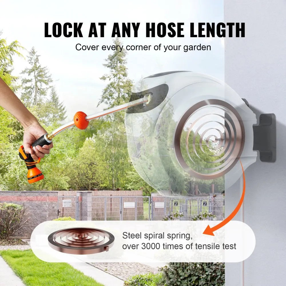 VEVOR Retractable Hose Reel Water Hose Reel 65'x5/8" 180° Swivel Wall-Mounted 