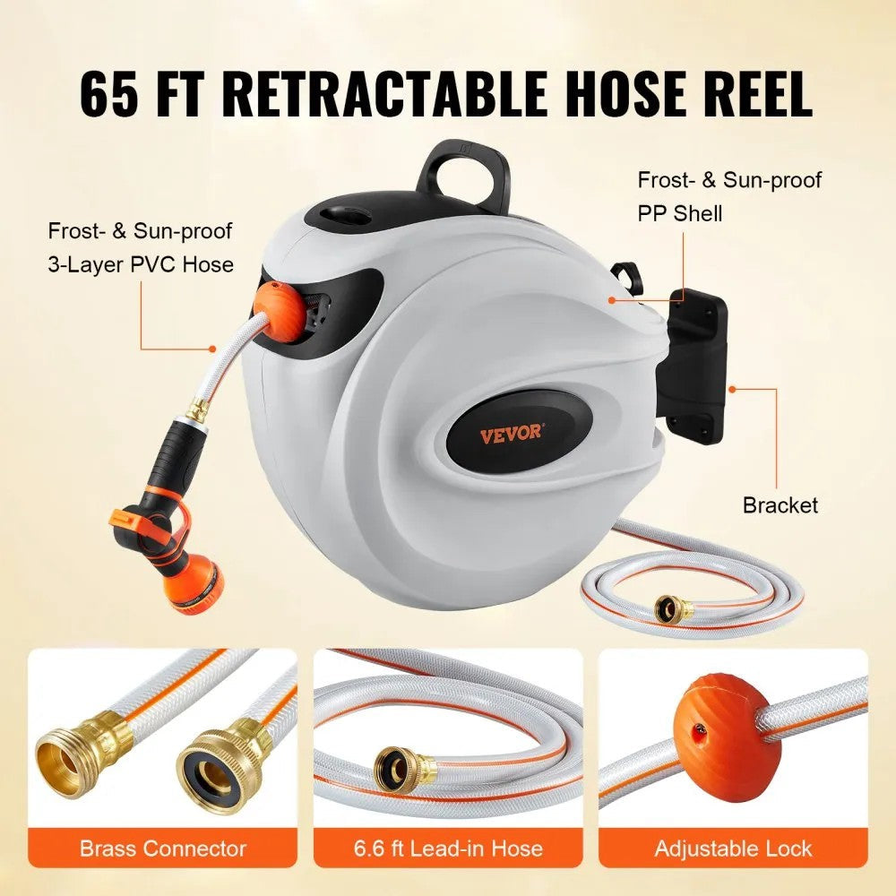 VEVOR Retractable Hose Reel Water Hose Reel 65'x5/8" 180° Swivel Wall-Mounted 