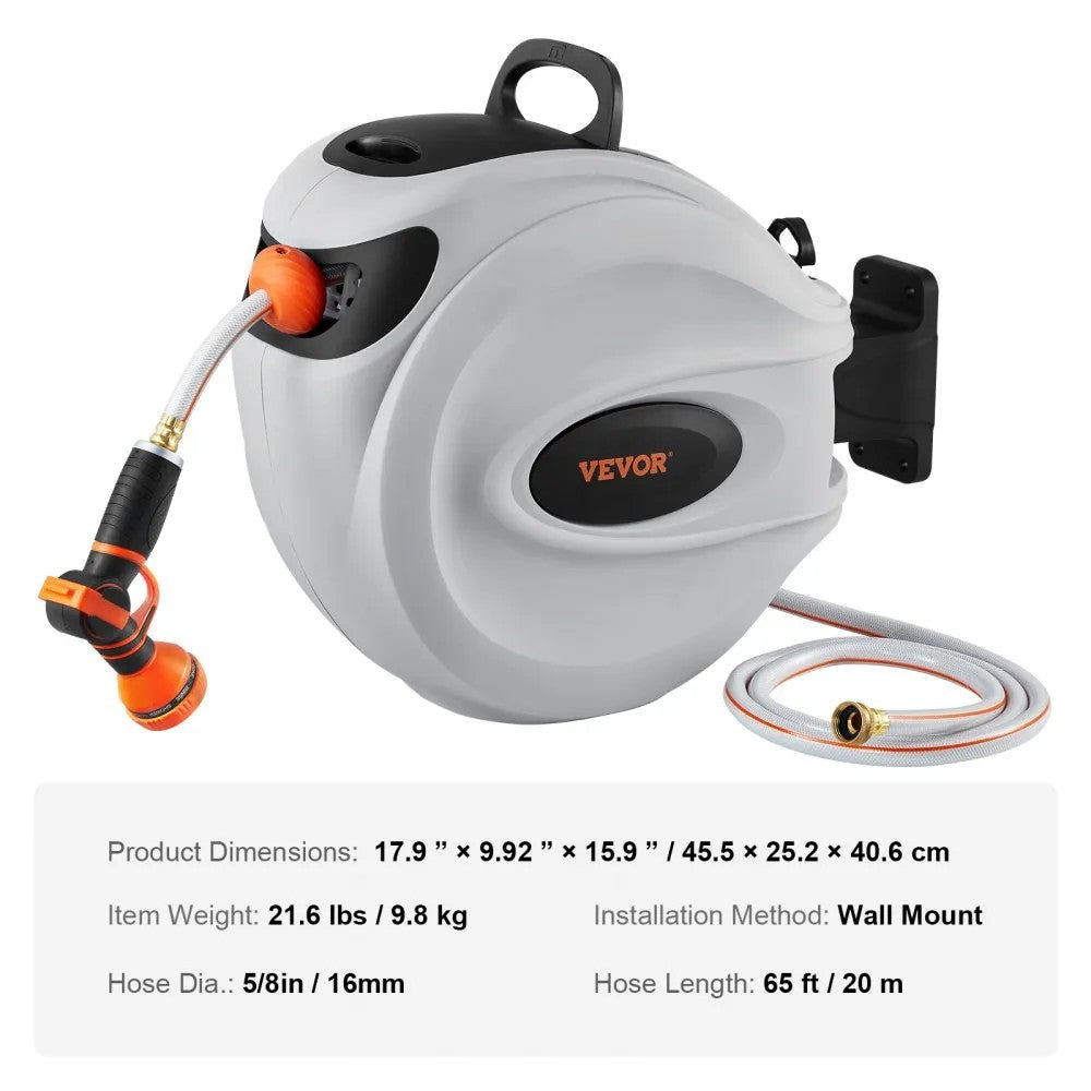 VEVOR Retractable Hose Reel Water Hose Reel 65'x5/8" 180° Swivel Wall-Mounted 