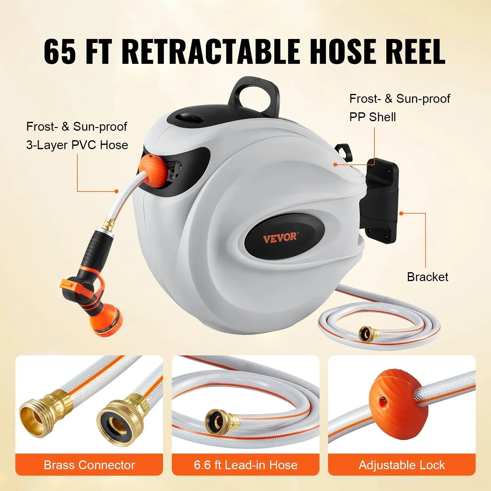 VEVOR Retractable Hose Reel Water Hose Reel 65'x5/8" 180° Swivel Wall-Mounted 