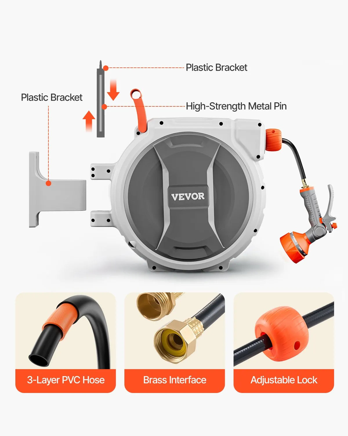 VEVOR Retractable Garden Hose Reel 1/2 in x 84 ft Wall Mounted Garden Hose Reel