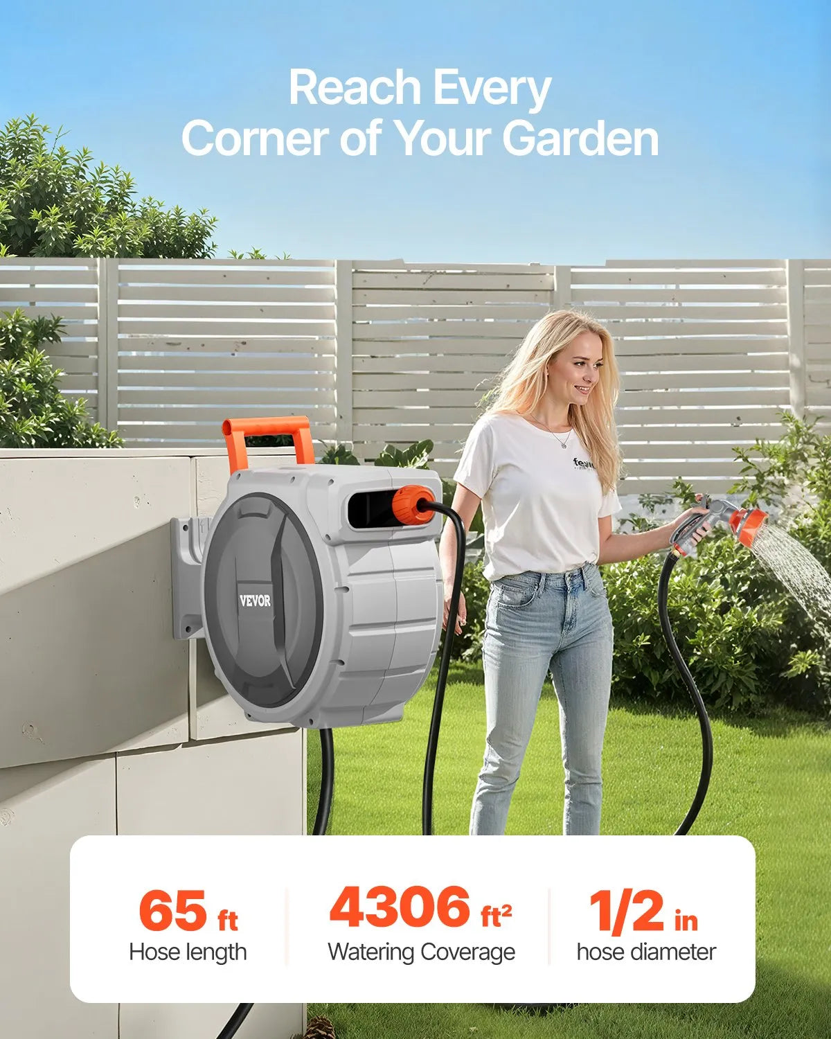 VEVOR Retractable Garden Hose Reel 1/2 in x 65 ft Wall Mounted Garden Hose Reel
