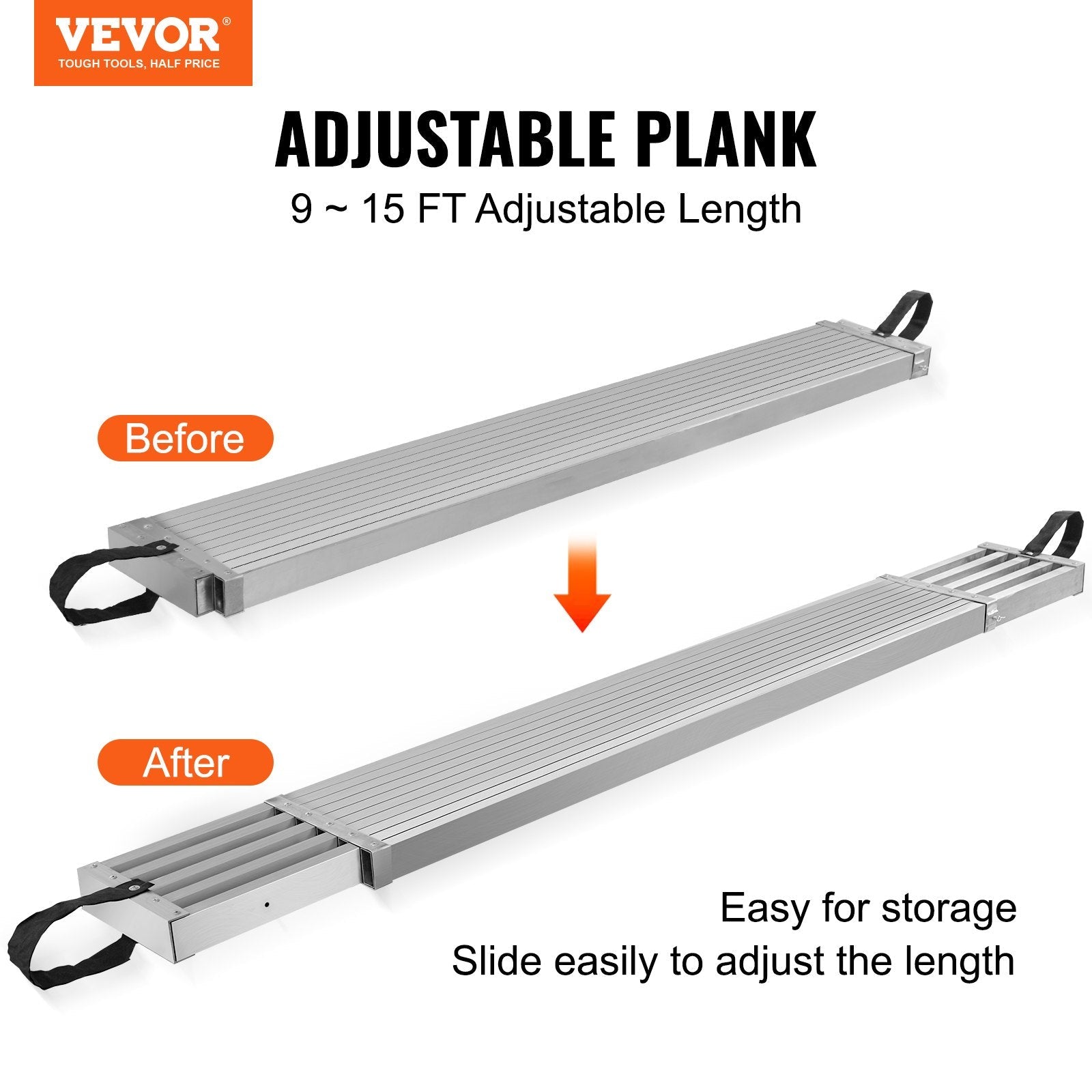 VEVOR Telescoping Aluminum Work Plank, 9-15 Feet 500lbs Capacity, 12.5 inch Width Aluminum Scaffold Plank,Extension Staging Plank with Skid-Proof Platform Scaffold Ladder Accessory 