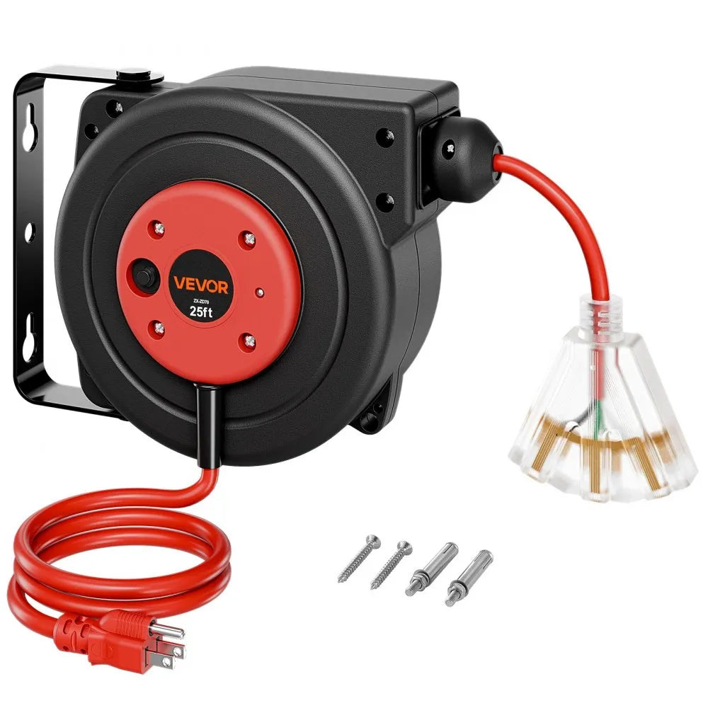 25FT Retractable Extension Cord Reel – 14/3 AWG Heavy-Duty Power Cord with 180° Swivel Mount