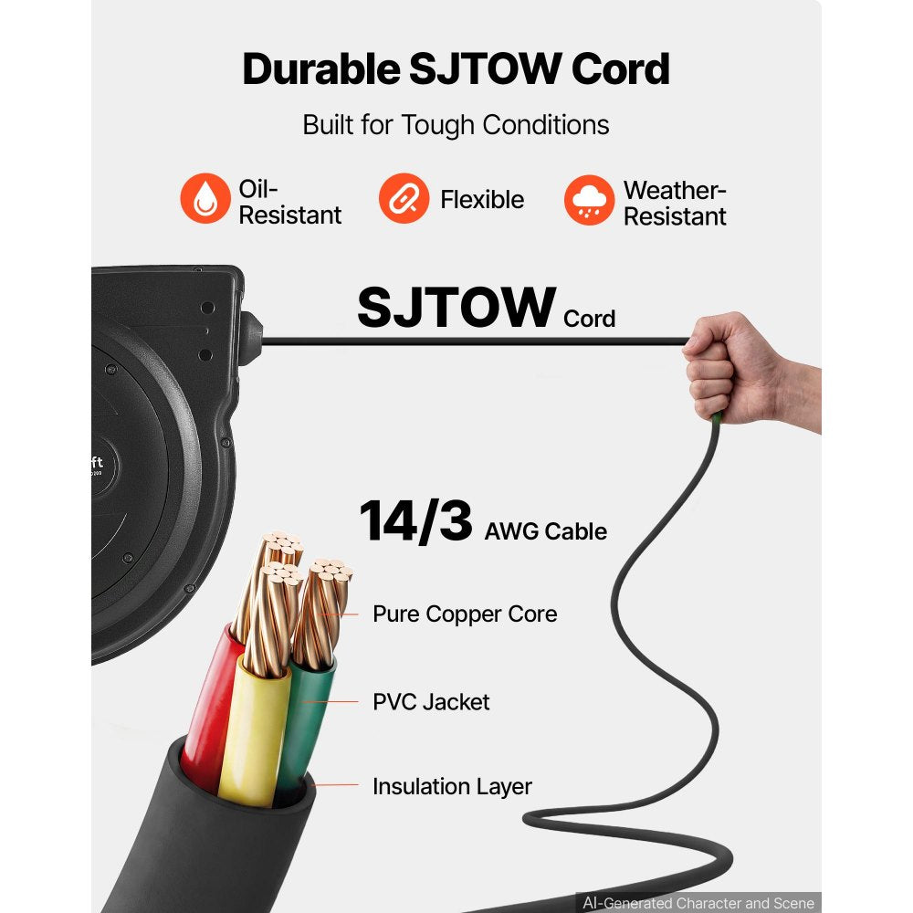75FT Retractable Extension Cord Reel – 14/3 AWG Heavy-Duty Power Cord with 180° Swivel Mount