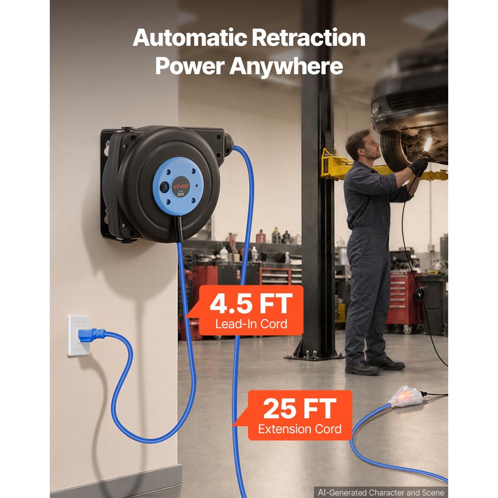 25FT Retractable Extension Cord Reel – 14/3 AWG Heavy-Duty Power Cord with 180° Swivel Mount