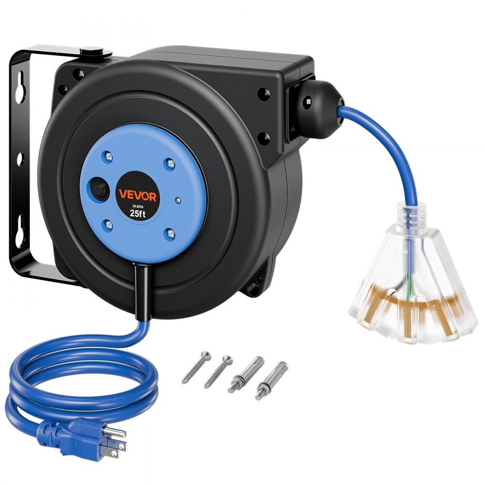 25FT Retractable Extension Cord Reel – 14/3 AWG Heavy-Duty Power Cord with 180° Swivel Mount