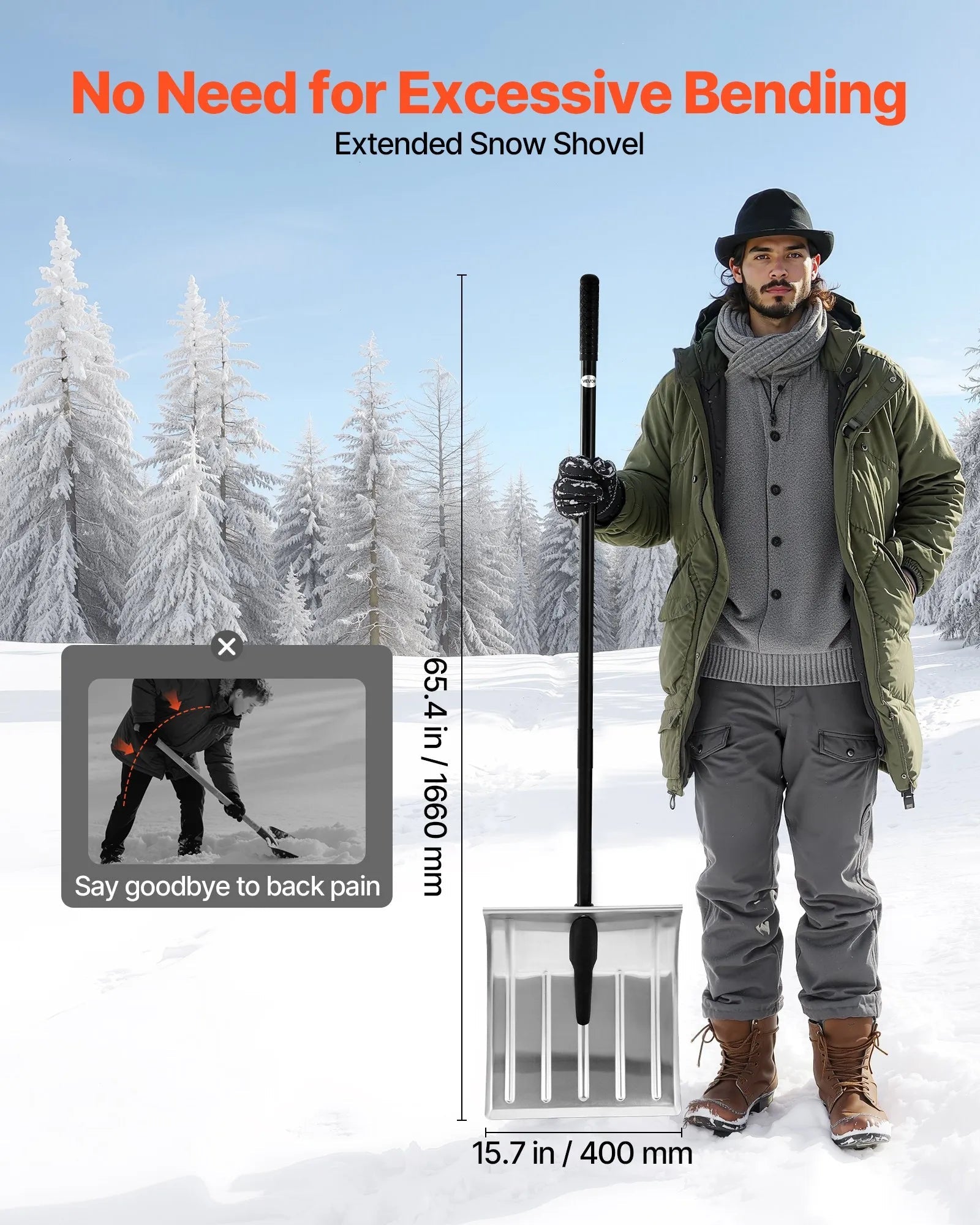 VEVOR Snow Shovel for Driveway, 16 in Wide Aluminum Alloy Snow Shovel, Non Slip Grip, Large Capacity Snowplow Shovels, Detachable & Lightweight Snows Removal Tool for Garden Car Camping Outdoors 