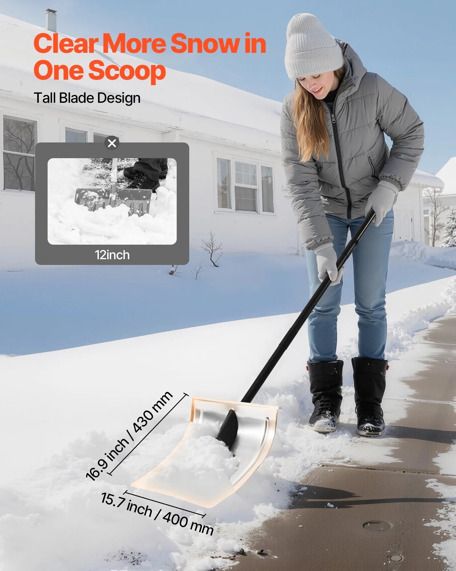 VEVOR Snow Shovel for Driveway, 16 in Wide Aluminum Alloy Snow Shovel, Non Slip Grip, Large Capacity Snowplow Shovels, Detachable & Lightweight Snows Removal Tool for Garden Car Camping Outdoors 