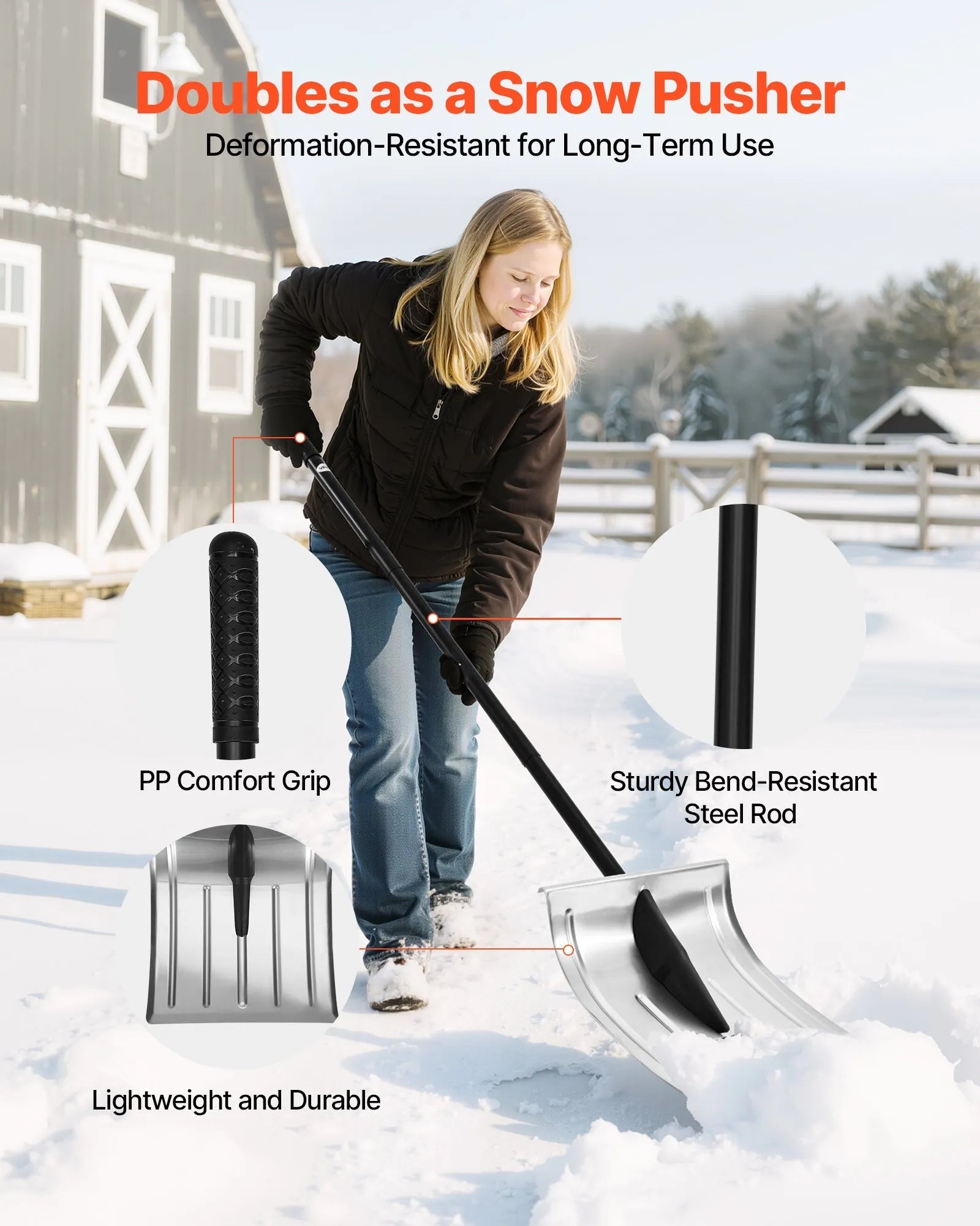 VEVOR Snow Shovel for Driveway, 16 in Wide Aluminum Alloy Snow Shovel, Non Slip Grip, Large Capacity Snowplow Shovels, Detachable & Lightweight Snows Removal Tool for Garden Car Camping Outdoors 