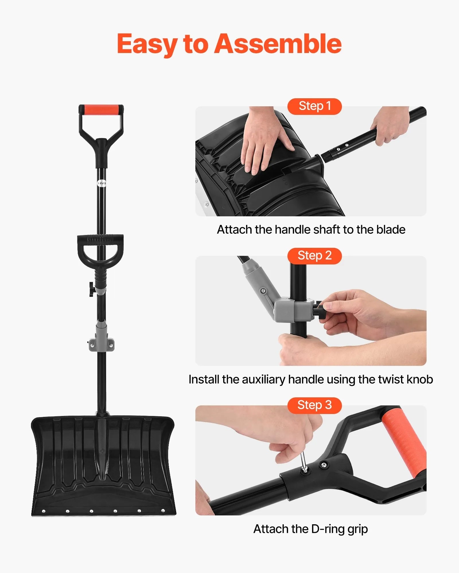 VEVOR Snow Shovel for Driveway, 18 in Wide Plastic Snow Shovel with Assist D-shaped Handles, Non Slip Grip, Large Capacity Snowplow Shovels, Lightweight Snows Removal Tool for Garden Car Camping 