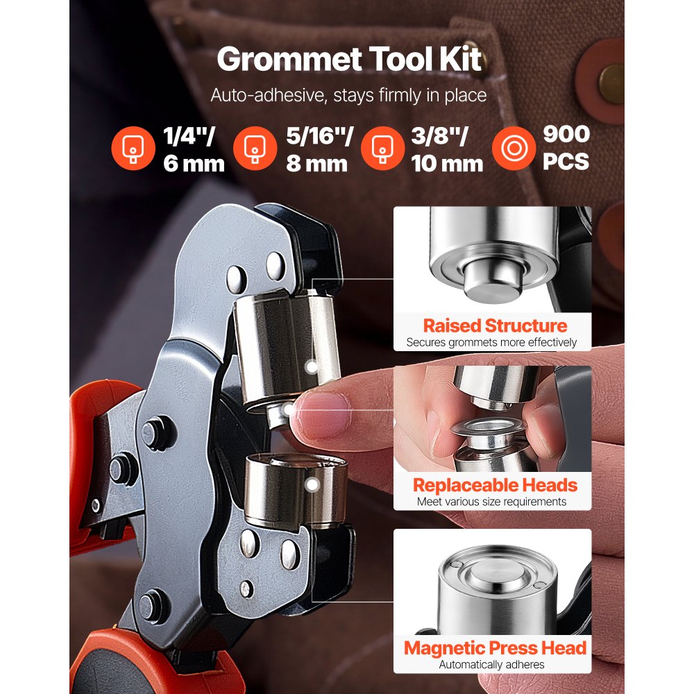900-Piece Grommet Tool Kit with Manual Press Pliers, 1/4", 5/16" & 3/8" Eyelets for Leather, Fabric & Tarps