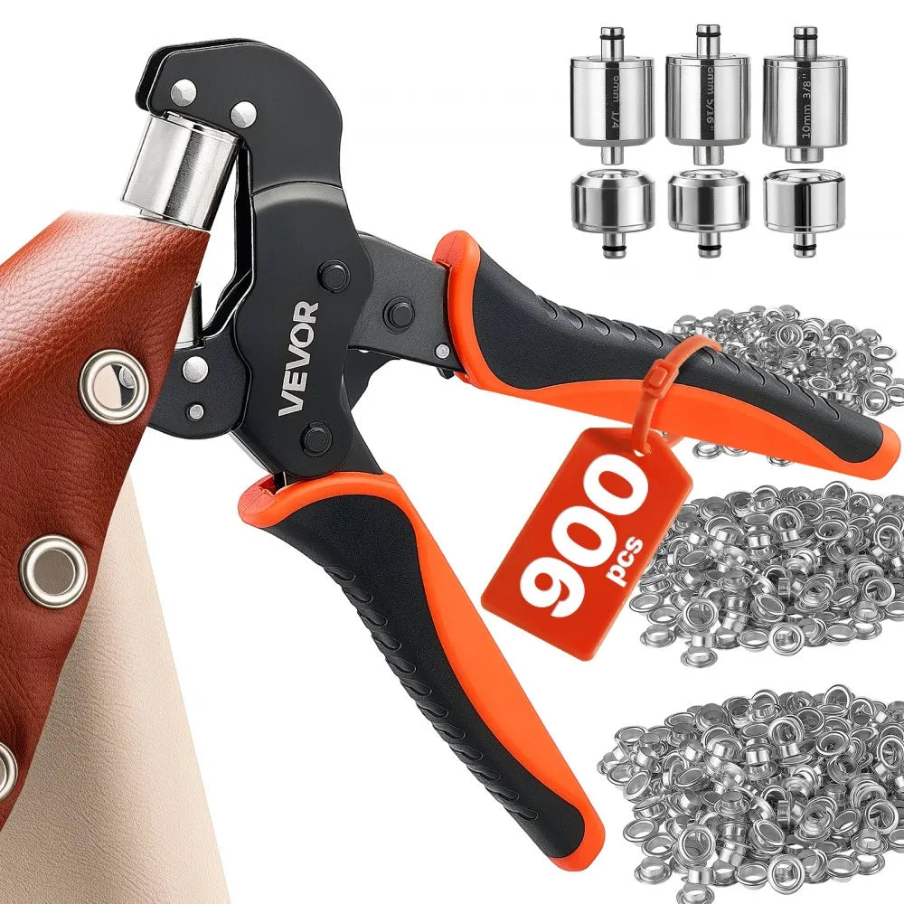900-Piece Grommet Tool Kit with Manual Press Pliers, 1/4", 5/16" & 3/8" Eyelets for Leather, Fabric & Tarps