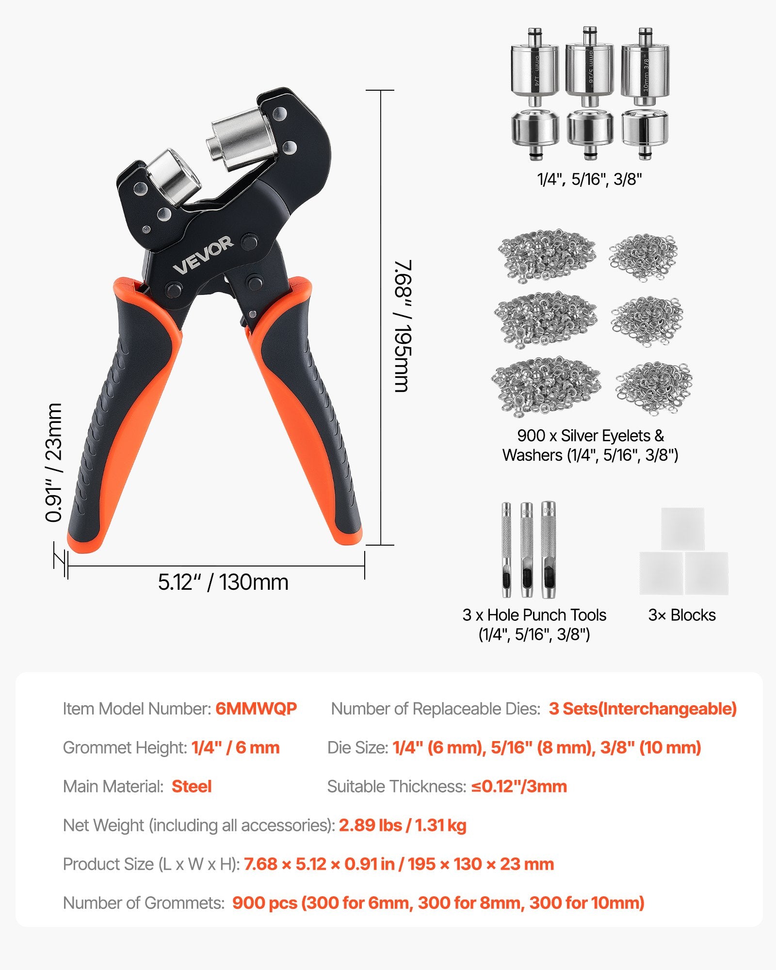 900-Piece Grommet Tool Kit with Manual Press Pliers, 1/4", 5/16" & 3/8" Eyelets for Leather, Fabric & Tarps