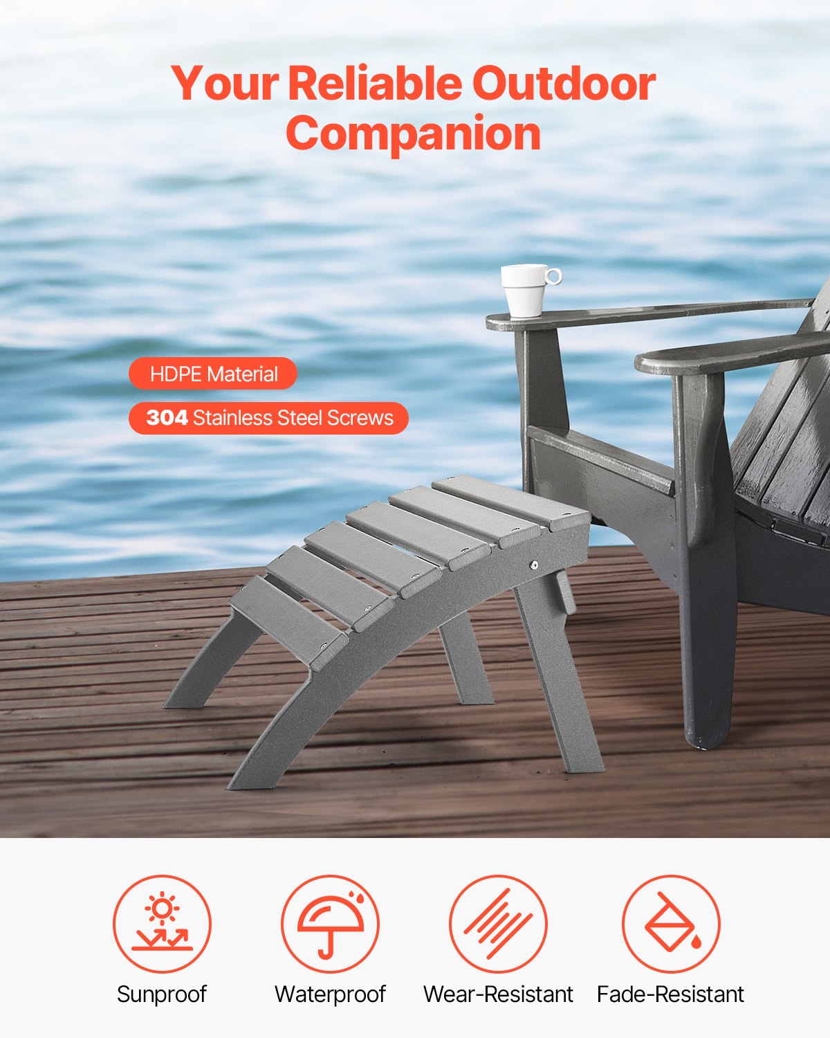 VEVOR Adirondack Ottoman 21.5L x 18.9W x 14.8H Inch HDPE Folding Footrest Gray 