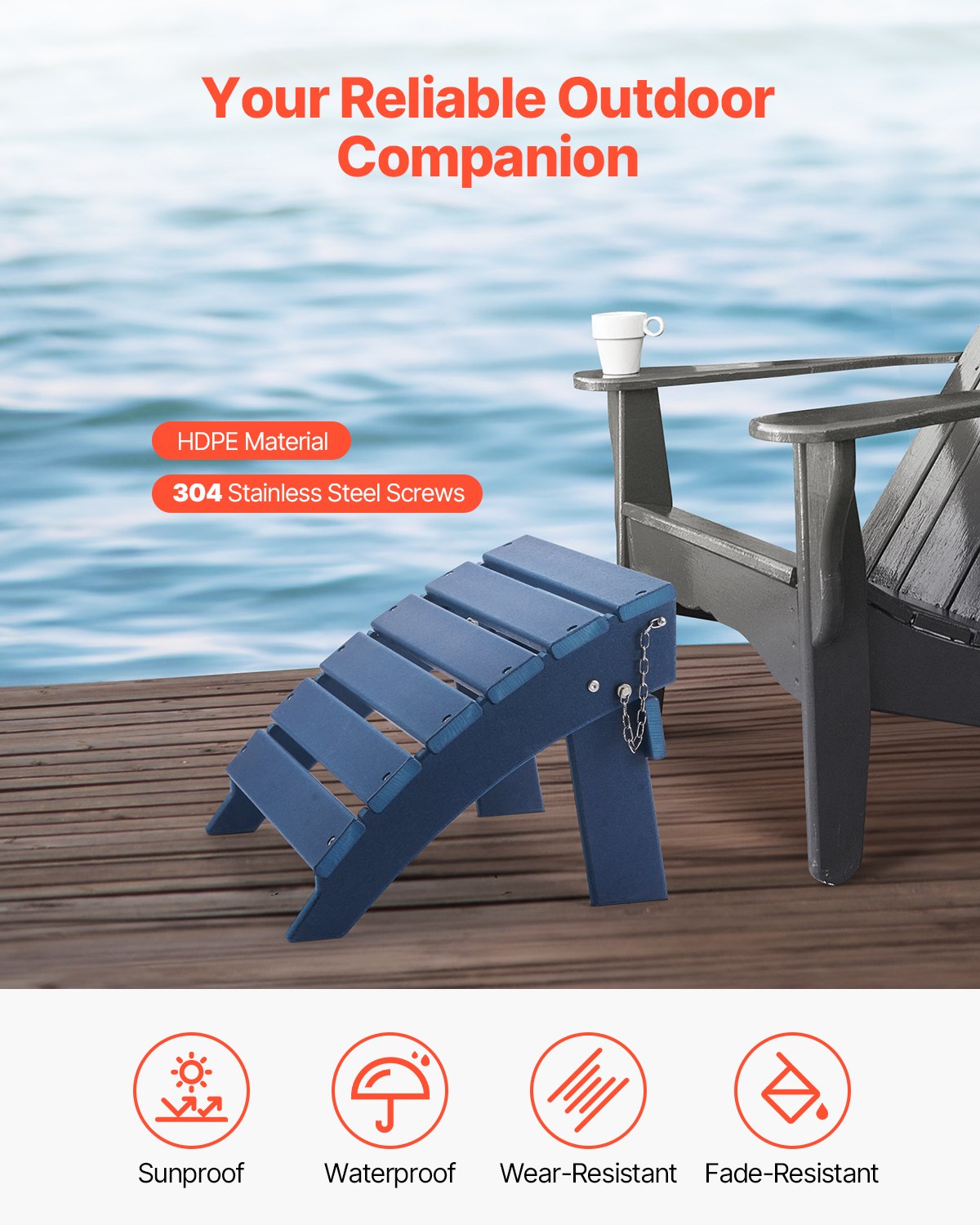 VEVOR Adirondack Ottoman 15.7L x 18.9W x 13H Inch HDPE Folding Footrest Blue 