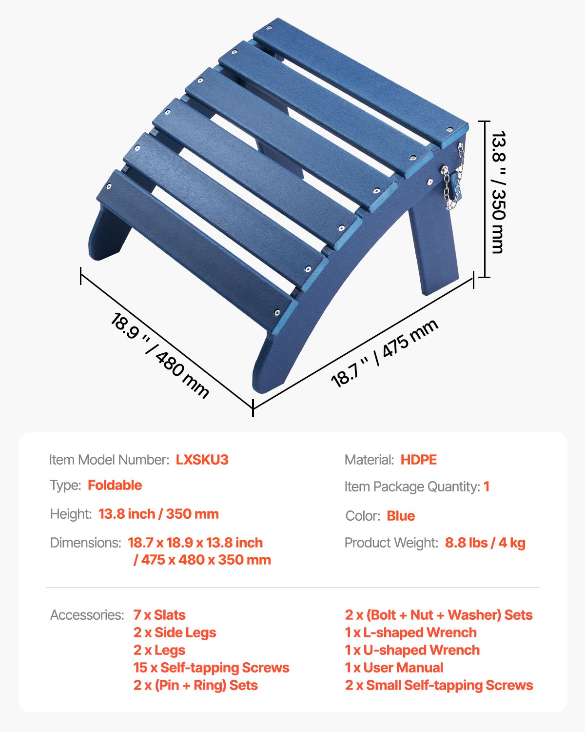 VEVOR Adirondack Ottoman 18.7L x 18.9W x 13.8H Inch HDPE Folding Footrest Blue 