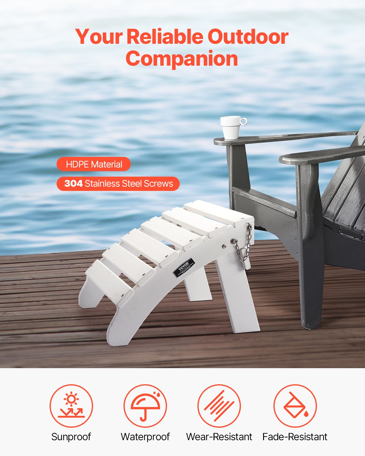 VEVOR Adirondack Ottoman 17.7L x 19.7W x 13.8H Inch HDPE Folding Footrest White 