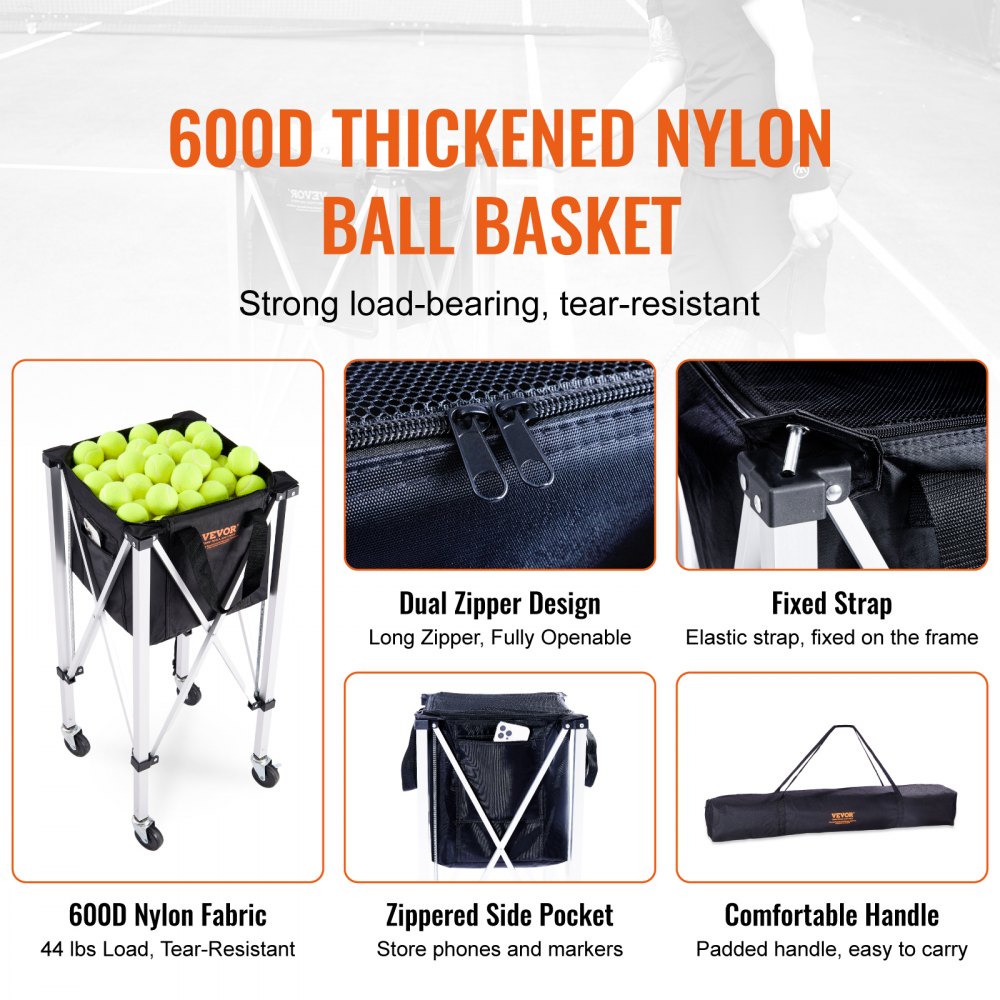 VEVOR Foldable Tennis Ball Hopper, Holds 150 Tennis Balls, Lightweight Aluminum Alloy Tennis Ball Basket Cart with Wheels, Removable Bag, Carry Bag, Portable Sports Teaching Cart for Tennis Player 