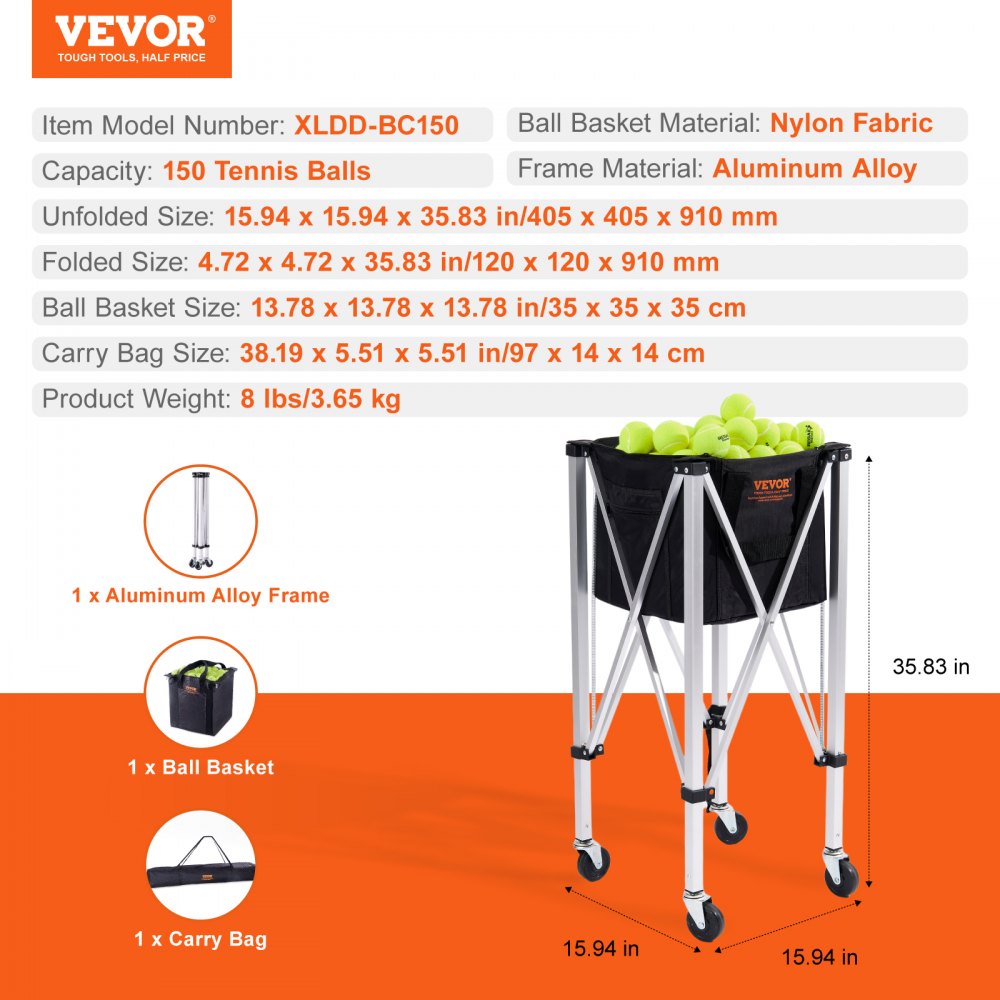 VEVOR Foldable Tennis Ball Hopper, Holds 150 Tennis Balls, Lightweight Aluminum Alloy Tennis Ball Basket Cart with Wheels, Removable Bag, Carry Bag, Portable Sports Teaching Cart for Tennis Player 