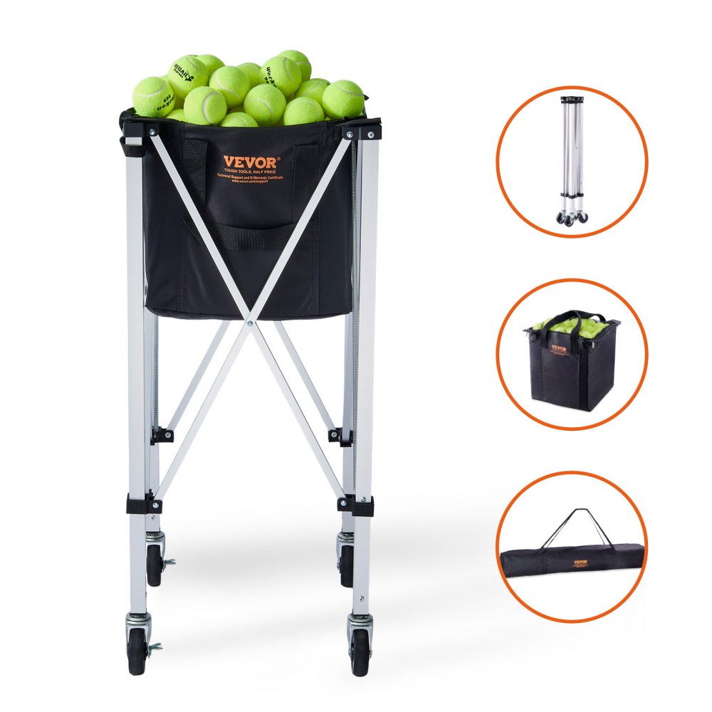 VEVOR Foldable Tennis Ball Hopper, Holds 150 Tennis Balls, Lightweight Aluminum Alloy Tennis Ball Basket Cart with Wheels, Removable Bag, Carry Bag, Portable Sports Teaching Cart for Tennis Player 