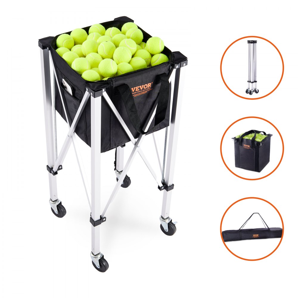 VEVOR Foldable Tennis Ball Hopper, Holds 150 Tennis Balls, Lightweight Aluminum Alloy Tennis Ball Basket Cart with Wheels, Removable Bag, Carry Bag, Portable Sports Teaching Cart for Tennis Player 