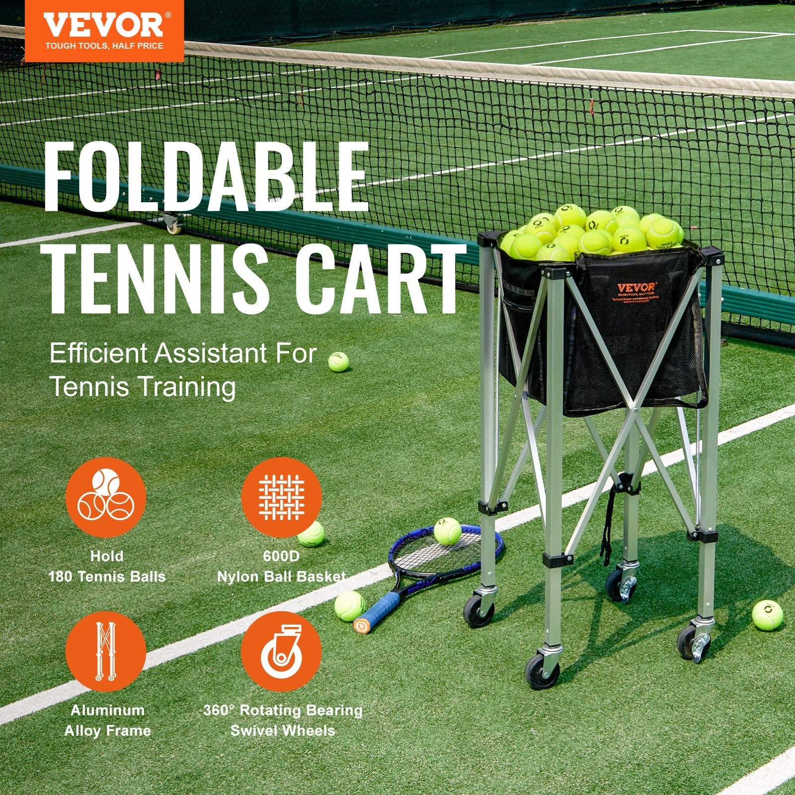 VEVOR Foldable Tennis Ball Hopper, Holds 180 Tennis Balls, Lightweight Aluminum Alloy Tennis Ball Basket Cart with Wheels, Removable Bag, Carry Bag, Portable Sports Teaching Cart for Tennis Player 