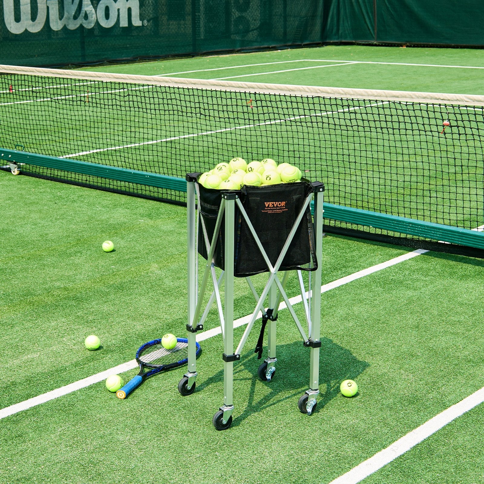 VEVOR Foldable Tennis Ball Hopper, Holds 180 Tennis Balls, Lightweight Aluminum Alloy Tennis Ball Basket Cart with Wheels, Removable Bag, Carry Bag, Portable Sports Teaching Cart for Tennis Player 