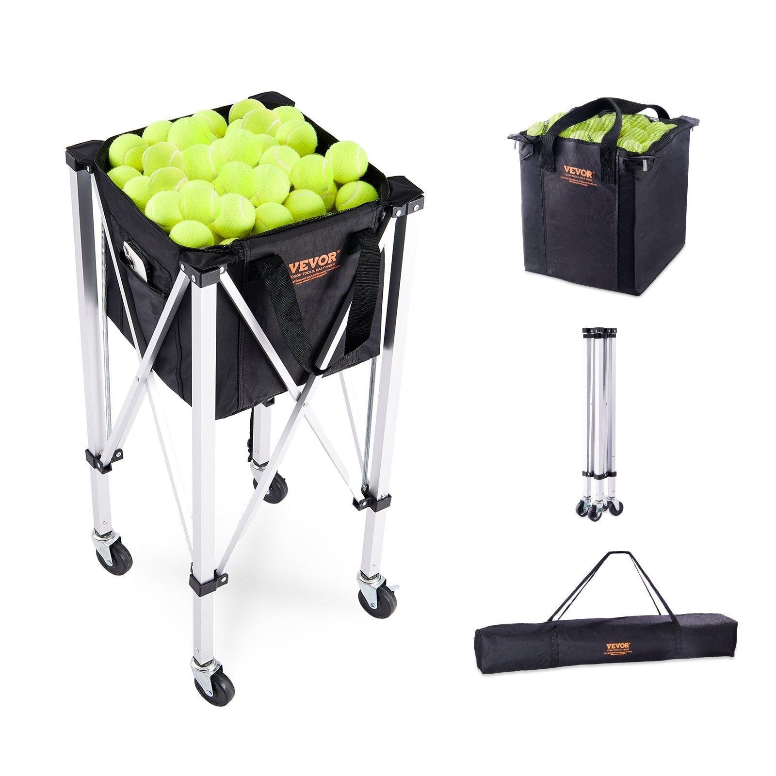 VEVOR Foldable Tennis Ball Hopper, Holds 180 Tennis Balls, Lightweight Aluminum Alloy Tennis Ball Basket Cart with Wheels, Removable Bag, Carry Bag, Portable Sports Teaching Cart for Tennis Player 